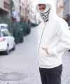 Samuray Kapşonlu ZIP Fermuarlı Çift Kapşonlu Nakışlı SweatShirt- Beyaz