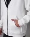Samuray Kapşonlu ZIP Fermuarlı Çift Kapşonlu Nakışlı SweatShirt- Beyaz