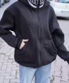 Samuray Kapşonlu ZIP Fermuarlı Çift Kapşonlu Nakışlı SweatShirt- Siyah