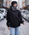 Samuray Kapşonlu ZIP Fermuarlı Çift Kapşonlu Nakışlı SweatShirt- Siyah