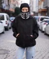 Samuray Kapşonlu ZIP Fermuarlı Çift Kapşonlu Nakışlı SweatShirt- Siyah