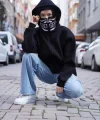 Samuray Kapşonlu ZIP Fermuarlı Çift Kapşonlu Nakışlı SweatShirt- Siyah