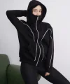 Samuray Kapşonlu ZIP Fermuarlı Çift Kapşonlu Reflektörlü SweatShirt - Siyah