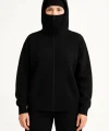 Samuray Ninja Çift Kapşonlu ZIP Fermuarlı Kanguru Çepli Hoodie Maske Detaylı Swetshirt - Siyah