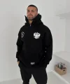 Samuray Ninja Çift Kapşonlu ZIP Fermuarlı Kanguru Çepli Tam Fermuarlı Hoodie ön ve Arka Baskılı Maske Detaylı Swetshirt - Siyah