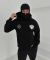 Samuray Ninja Çift Kapşonlu ZIP Fermuarlı Kanguru Çepli Tam Fermuarlı Hoodie ön Ve Arka Baskılı Maske Detaylı Swetshirt - Siyah