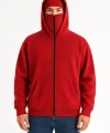 Samuray Ninja Çift Kapşonlu ZIP Fermuarlı Kanguru Çepli Tam Fermuarlı Hoodie Swetshirt - Kırmızı