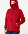 Samuray Ninja Çift Kapüşonlu Kadın Hoodie Oversize Kanguru Cepli, Bahar & Kışlık Fermuarlı Sweatshirt- Kırmızı