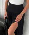 Sandy Uzun Beli Lastikli Yüksel Bel Etek Yazlık - Siyah