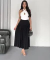 Sandy Uzun Beli Lastikli Yüksel Bel Etek Yazlık - Siyah