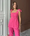ŞANTUK KETEN YELEK GÖRÜNÜMLÜ  ASKILI BLUZ - PANTOLON TK - Fuşya