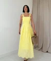 Sarı Askılı Aparatlı Brode Elbise