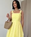 Sarı Askılı Aparatlı Brode Elbise