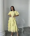 Sarı Kat Kat Balon Kollu Kemerli Elbise