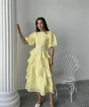 Sarı Kat Kat Balon Kollu Kemerli Elbise