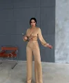 SATEN BÜZGÜ DETAYLI CROP BLUZ-PANTOLON TAKIM - Bej