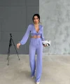 SATEN BÜZGÜ DETAYLI CROP BLUZ-PANTOLON TAKIM - Lila