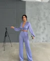 SATEN BÜZGÜ DETAYLI CROP BLUZ-PANTOLON TAKIM - Lila