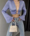 SATEN CROP TOKA DETAYLI BLUZ - Lila