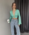 SATEN CROP TOKA DETAYLI BLUZ - Mint