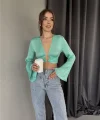 SATEN CROP TOKA DETAYLI BLUZ - Mint