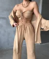 SATEN KİMONO - CROP BLUZ - PANTOLON TAKIM - Bej