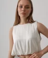 Saten Kolsuz Belki Lastikli Bluz - Ekru