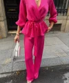 SATEN KRUVAZE BAĞLAMALI BLUZ- PANTOLON TAKIM - Fuşya