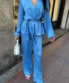 SATEN KRUVAZE BAĞLAMALI BLUZ- PANTOLON TAKIM - Mavi