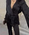SATEN KRUVAZE BAĞLAMALI BLUZ- PANTOLON TAKIM - Siyah