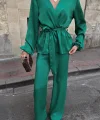 SATEN KRUVAZE BAĞLAMALI BLUZ- PANTOLON TAKIM - Yeşil