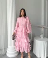 Şeker Pembesi Uzun Volanlı Elbise