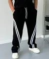 Şeritli Baggy Üç İplik Eşofman Pantolon - Siyah