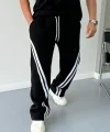 Şeritli Baggy Üç İplik Eşofman Pantolon - Siyah