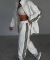 Şeritli Üç İplik Eşofman Takım - Beyaz