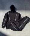 Şeritli Üç İplik Kapüşonlu Eşofman Takım - Siyah