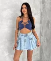 Şık Pileli Yazlık Mini Etekli Kot- Açık Mavi