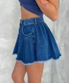 Şık Pileli Yazlık Mini Etekli Kot- Saks Mavisi