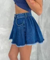 Şık Pileli Yazlık Mini Etekli Kot- Saks Mavisi