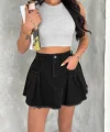 Şık Pileli Yazlık Mini Etekli Kot- Siyah