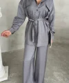 SİMLİ KUMAŞ SALAŞ PANTOLON - GÖMLEK TAKIM - Gri