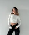 Sırt Dekoltelı Uzun Kollu Crop - Beyaz