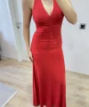 Sırt Dekolteli Uzun Kollu Elbise - Kırmızı
