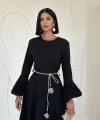 Siyah Balon Kollu Kuşaklı Elbise