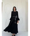 Siyah Balon Kollu Kuşaklı Elbise