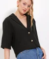 Siyah Çift Düğmeli Oversize Crop Keten Ceket 0706
