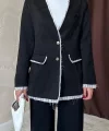 Siyah Çizgili Astarlı Garnili Süet Ceket