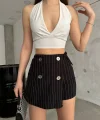 Siyah Düğme Detaylı İtalyan Çizgili Şort Etek