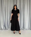 Siyah Etek Yanları Büzgülü Balon Kollu Elbise
