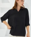 Siyah Gömlek Yaka Saten Bluz 0493